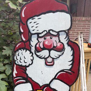 4' Vintage 1990s Hand Painted Santa Indoor Outdoor Sign w/ Stake